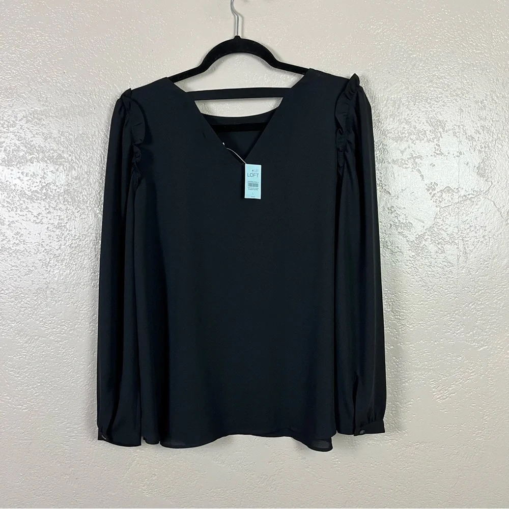 Loft Black Ruffle Puff Long‎ Sleeve Blouse Size Large Petite